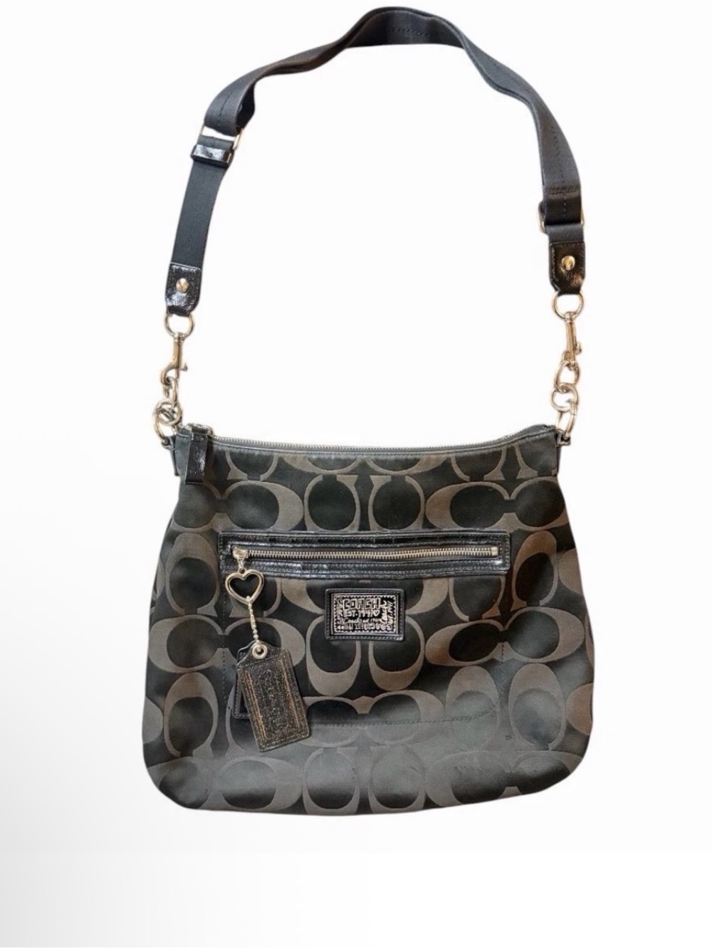 Y2K COACH Signature C Black & Gray Crossbody w/ Heart Charm